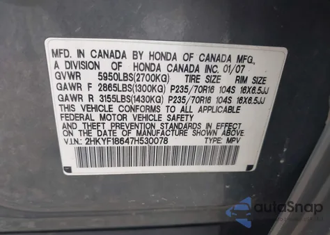 2007 Honda Pilot Ex-L from USA, damaged, VIN 2HKYF18647H530078